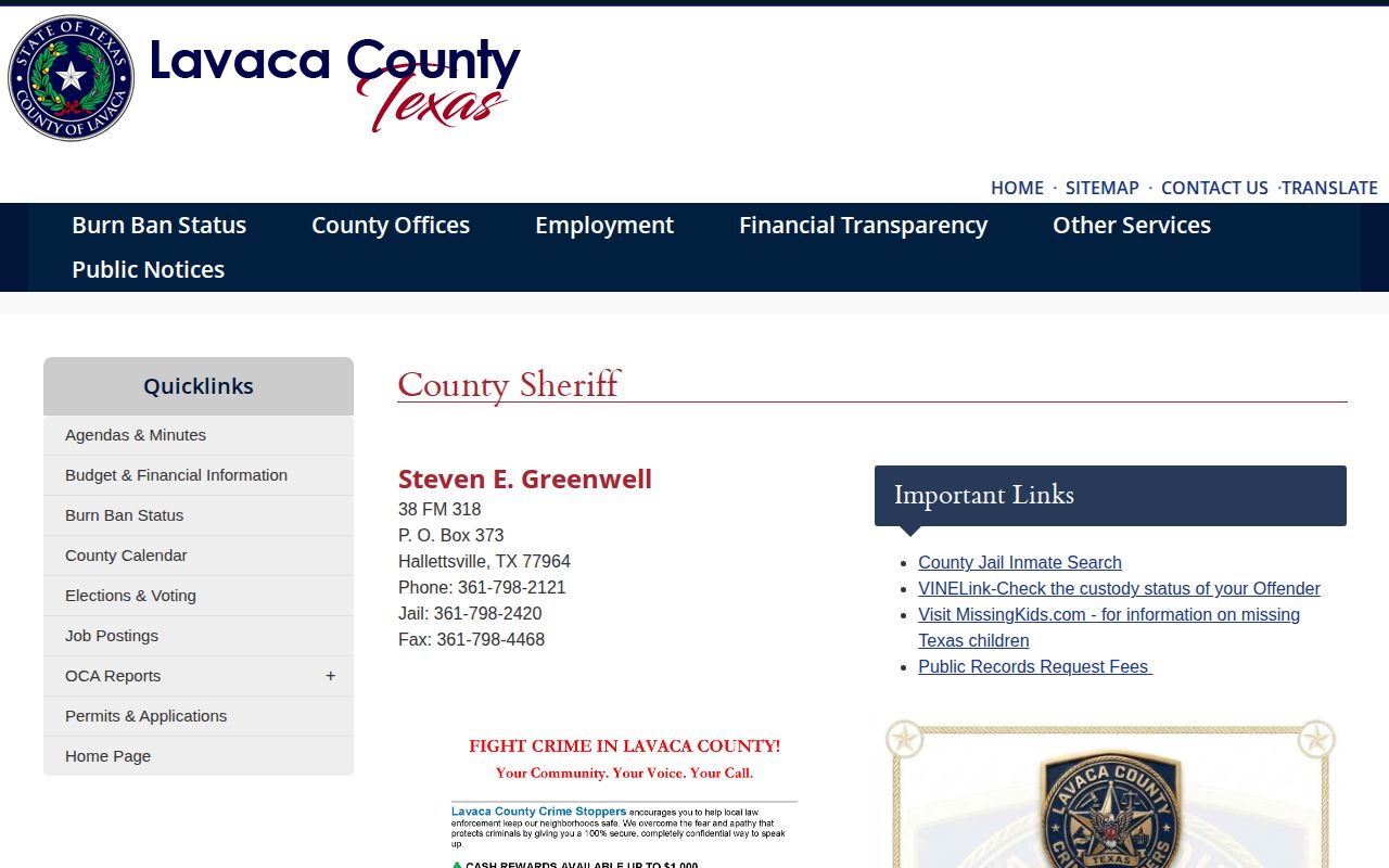 Lavaca County Jail release records contacts and official search links