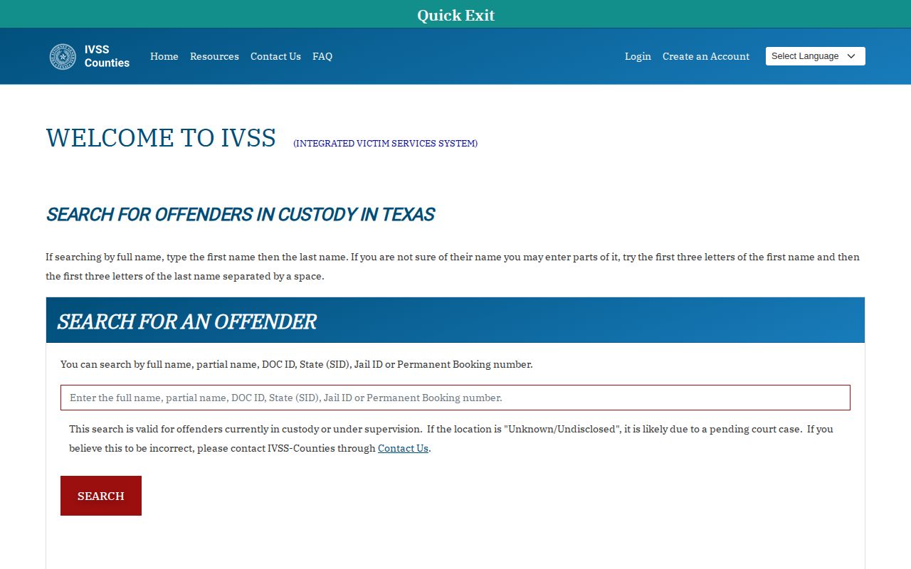 Texas IVSS-Counties fields for a Lavaca County VINE inmate check