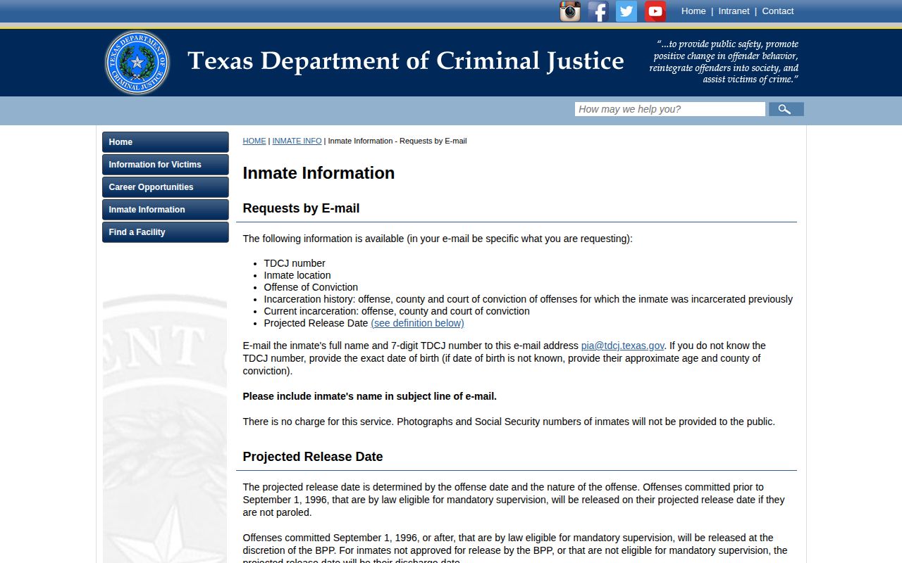 TDCJ projected release date and incarceration history for Lavaca County records