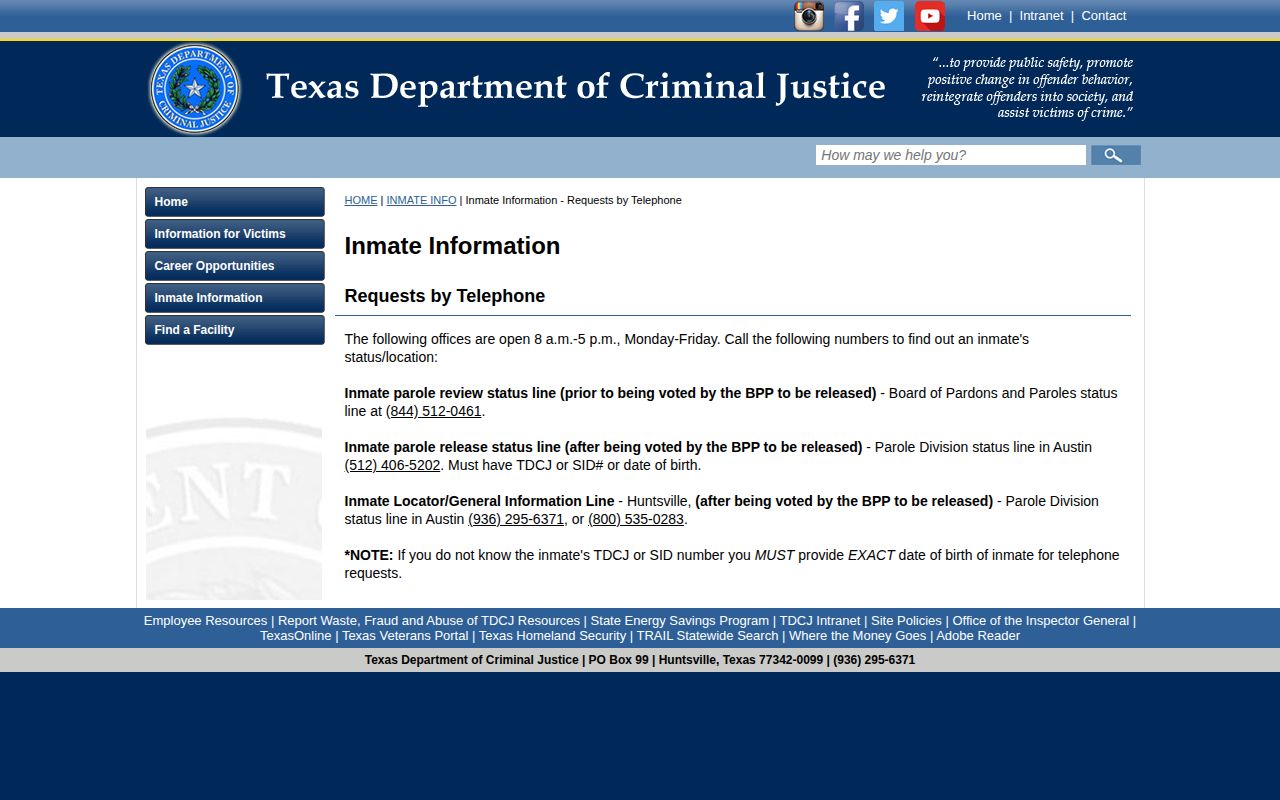 TDCJ status phone channels for Lavaca County parole release records